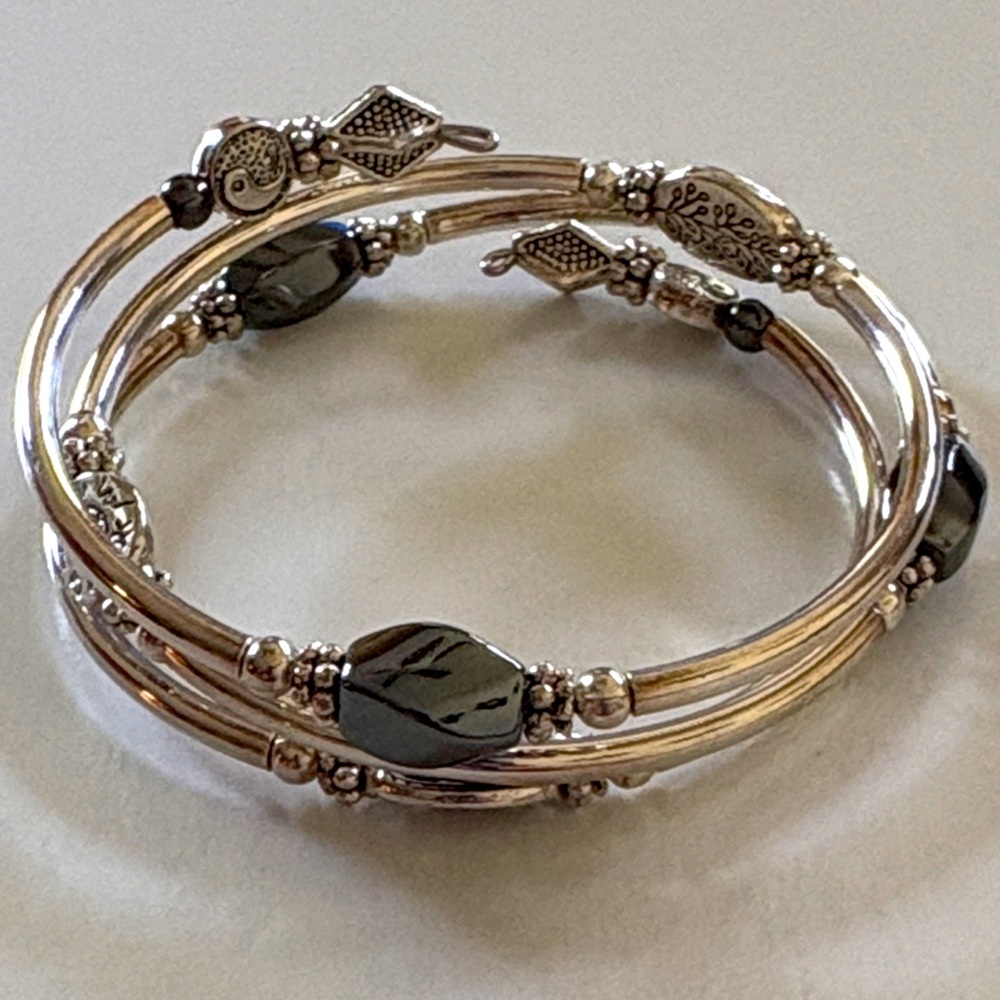 Silver Wrap Around Bracelet with Polished Hematite stones
